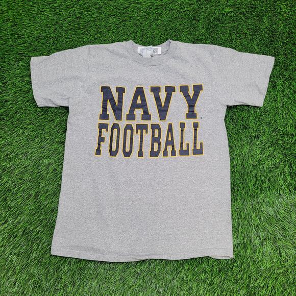 Vintage 90s Navy Football Shirt Medium 19x25 Gray Spellout - Picture 1 of 13